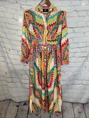 Moving Forward Multicolor Zigzag Button-Front Maxi Dress W/Sequin Accents Small